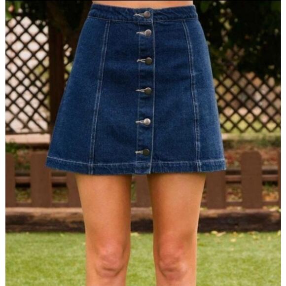 High Rise Blue Denim Button Front Mini Skirt Sz S 26" Waist Preppy EUC - Picture 2 of 8